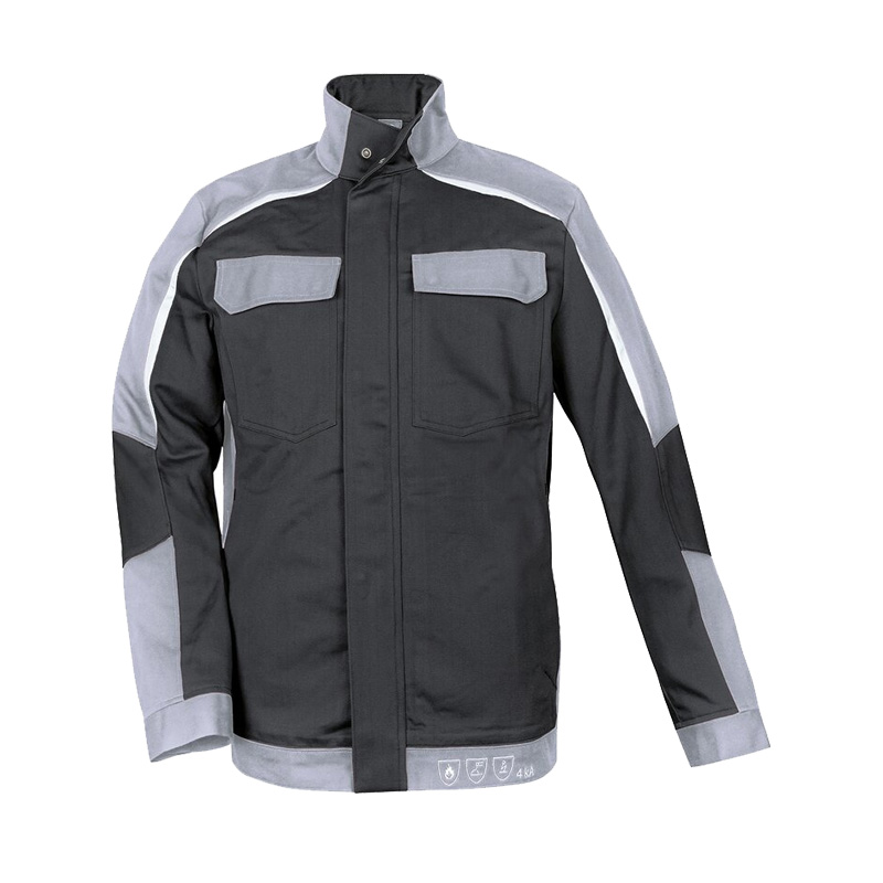 Vorderansicht der HB ArcSelect MultiNorm Jacke 4 kA | APC1 von HB Protective Wear in Schwarz-Grau mit Stehkragen und Brusttaschen