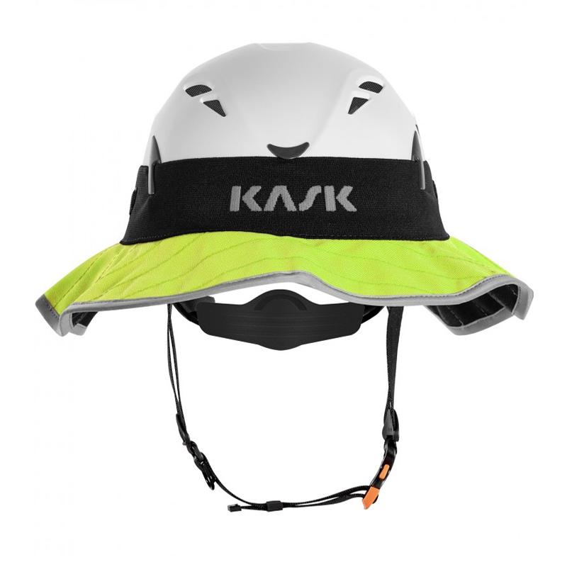 Kask Sun Shield Sombrero mit UV-Schutz für alle Modelle, signalgelber Sonnenschutzrand am weißen Sicherheitshelm befestigt
