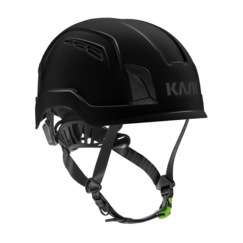 Kask ZENITH-X PL Kletterhelm EN 12492 in Schwarz mit Belüftungsschlitzen und Kinnriemen, Seitenansicht