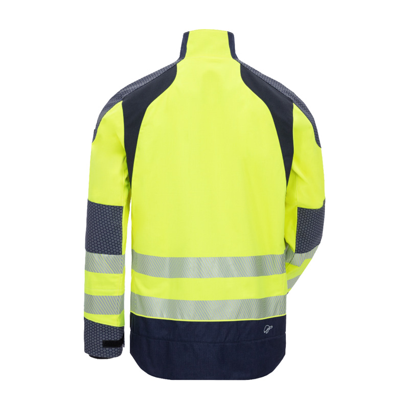 Rückansicht der HB 4Energy MultiNorm Warnschutz Jacke 4 kA APC1 in Gelb mit Reflexstreifen von HB Protective Wear