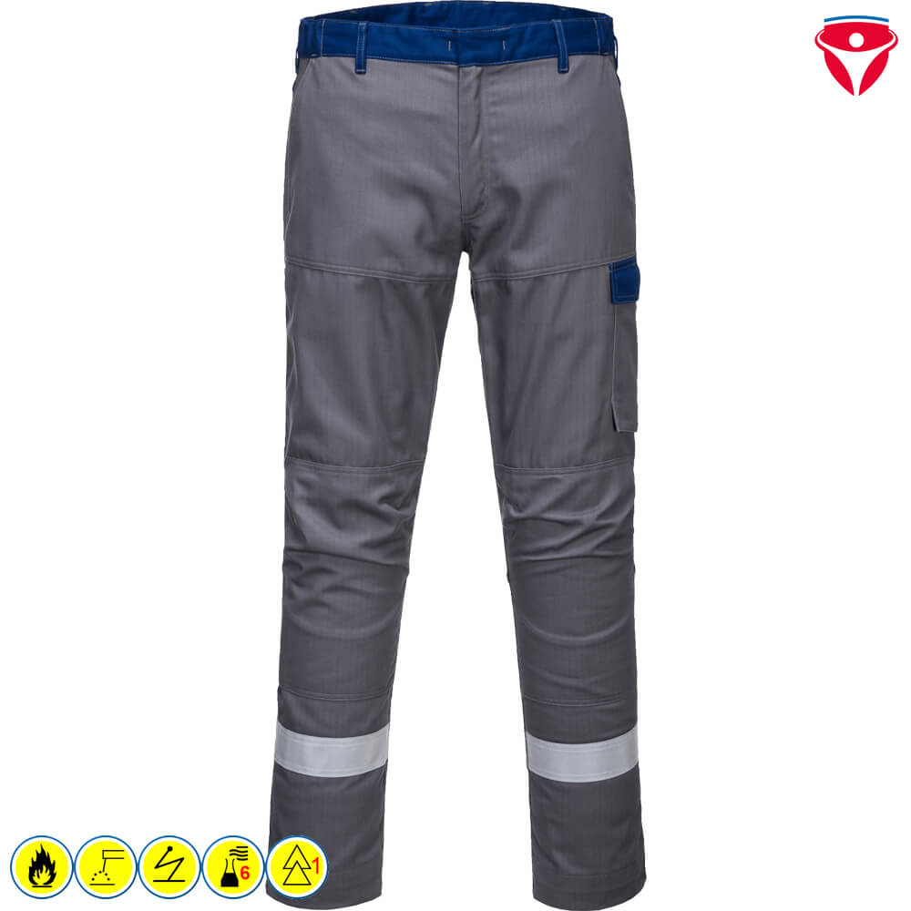 PortWest FR06 MultiNorm Ultra Hose Industriewäsche geeignet in Grau-Blau, Arbeitshose mit Reflexstreifen und Seitentasche, Frontansicht