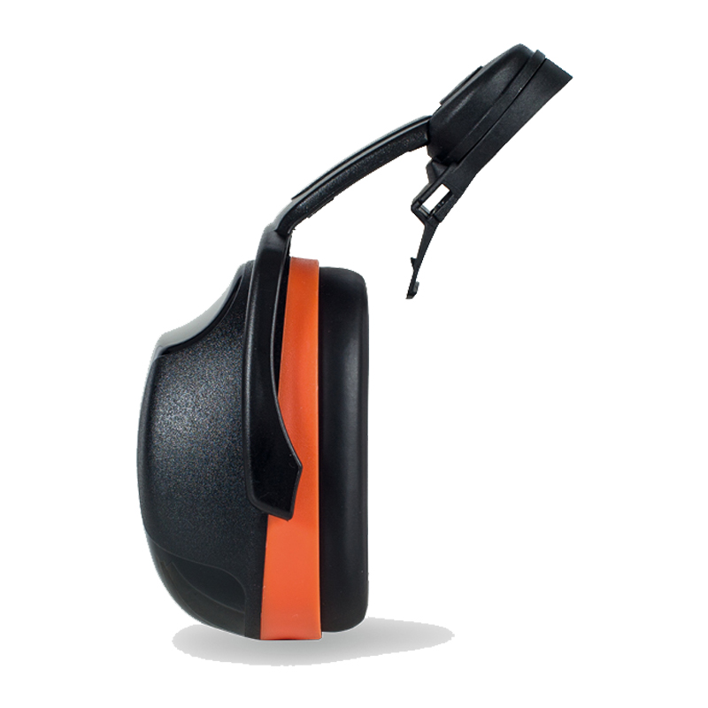 Seitliche Ansicht des KASK SC3 Gehörschutzes für EU Slot 30 mm, schwarzer Kapselgehörschutz mit orangefarbenem Einsatz, 31 dB(A) Dämmung für Helm-Montage in lauten Arbeitsumgebungen
