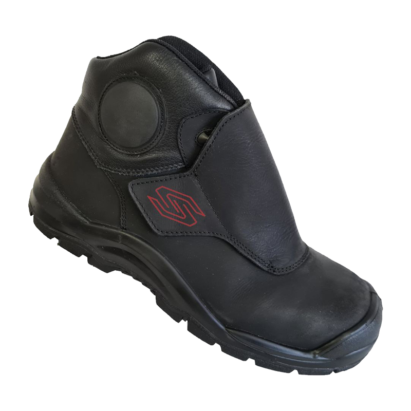 Schwarzer Stabilus Konrad S3 Schweisser Sicherheitsstiefel 55350 in Weite 12 aus Leder mit überlappendem Schnellklettverschluss und robuster Profilsohle