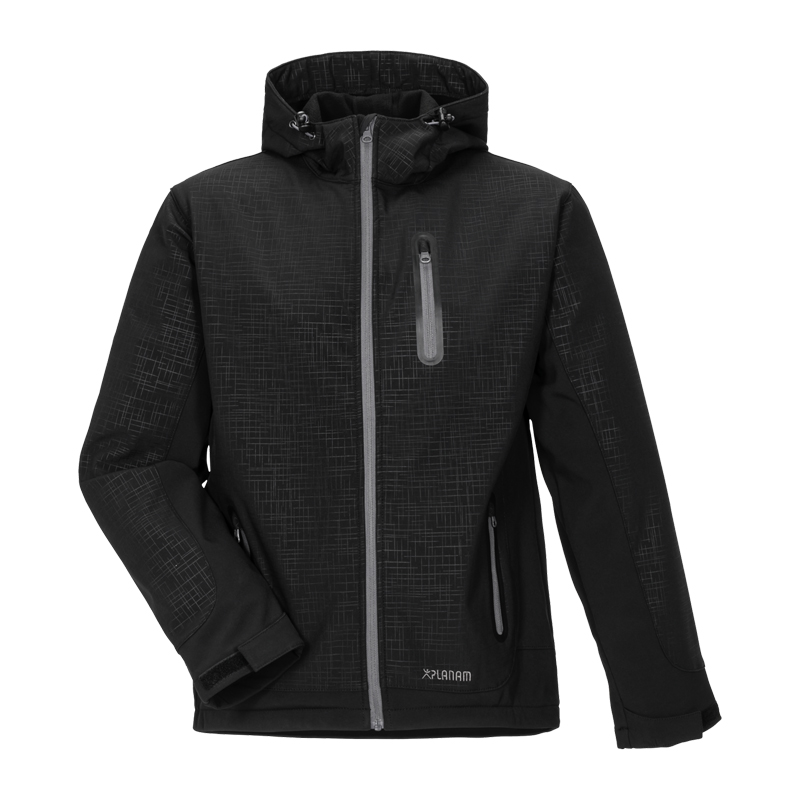 Planam Cube Softshelljacke mit Struktur und Kapuze in Schwarz, robuste Arbeitsjacke mit Reißverschlusstaschen und hohem Kragen