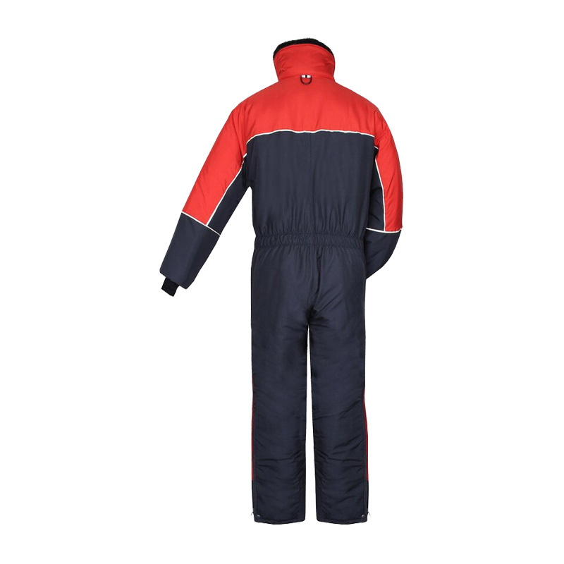Rückansicht des TEMPEX COMFORT Kommissionierer Gefrierhaus Overalls von HB Protective Wear in Rot und Dunkelblau, robuster Kälteschutz-Overall für Tiefkühllager und Gefrierhausarbeit bis -49 °C
