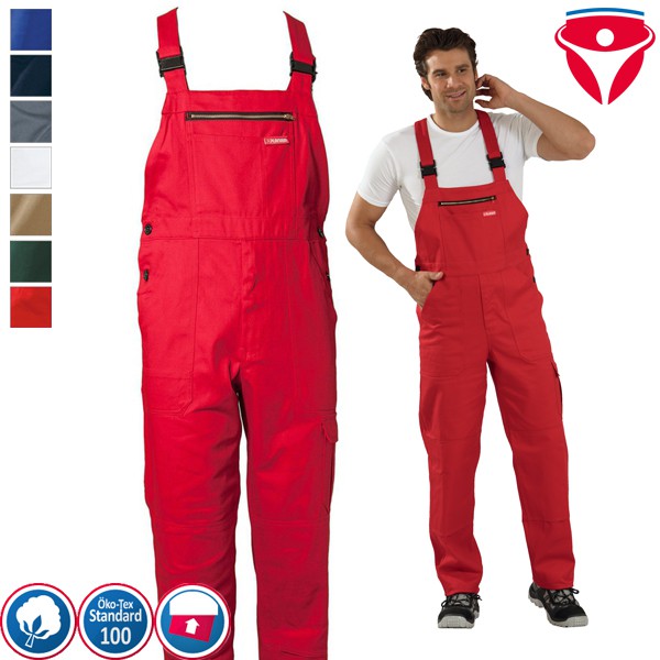 Herren-Arbeitslatzhose in Rot mit Brusttasche, verstellbaren Trägern und geradem Bein, vorne und am Model getragen dargestellt