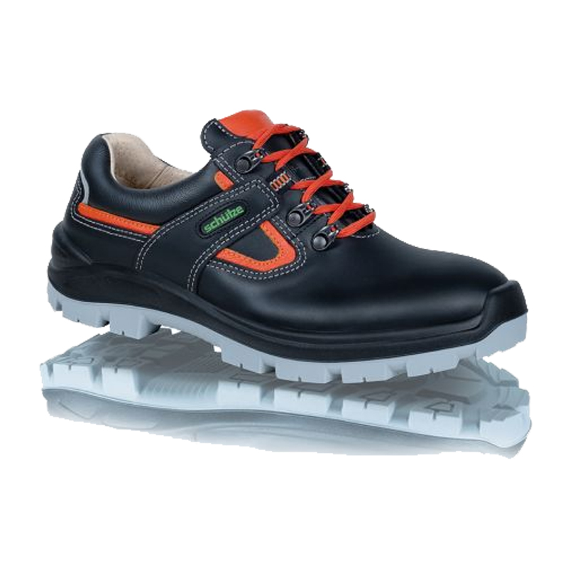 SCHÜTZE 7682 ESD S2 Sicherheitsschuh mit Lederinnenfutter, schwarzes hydrophobiertes Vollnarbenleder, rote Schnürsenkel und rutschfeste SOFT-STEP-PRO-Sohle