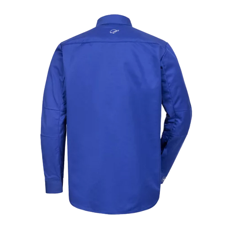 Rückansicht des blauen HB ArcSelect MultiNorm Hemds 4 kA | APC1 von HB Protective Wear mit langen Ärmeln und Stehkragen