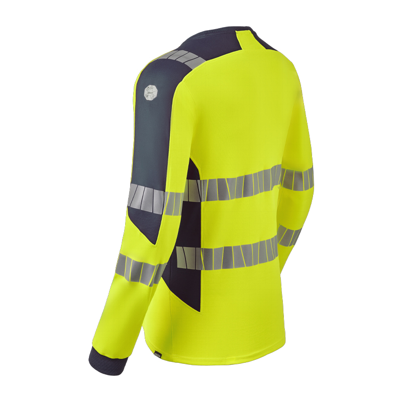Rückansicht des HaVeP MultiNorm Hi-Vis Warnschutz T-Shirts inhärent in Gelb/Marine mit langen Ärmeln und reflektierenden Streifen