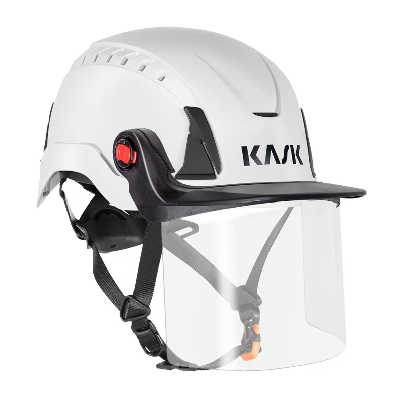 Weißer KASK Zenith-X Schutzhelm mit montiertem KASK ZEN FACE SHIELD Gesichtsschild, klarem Vollgesichtsvisier für professionellen Gesichtsschutz nach EN 166