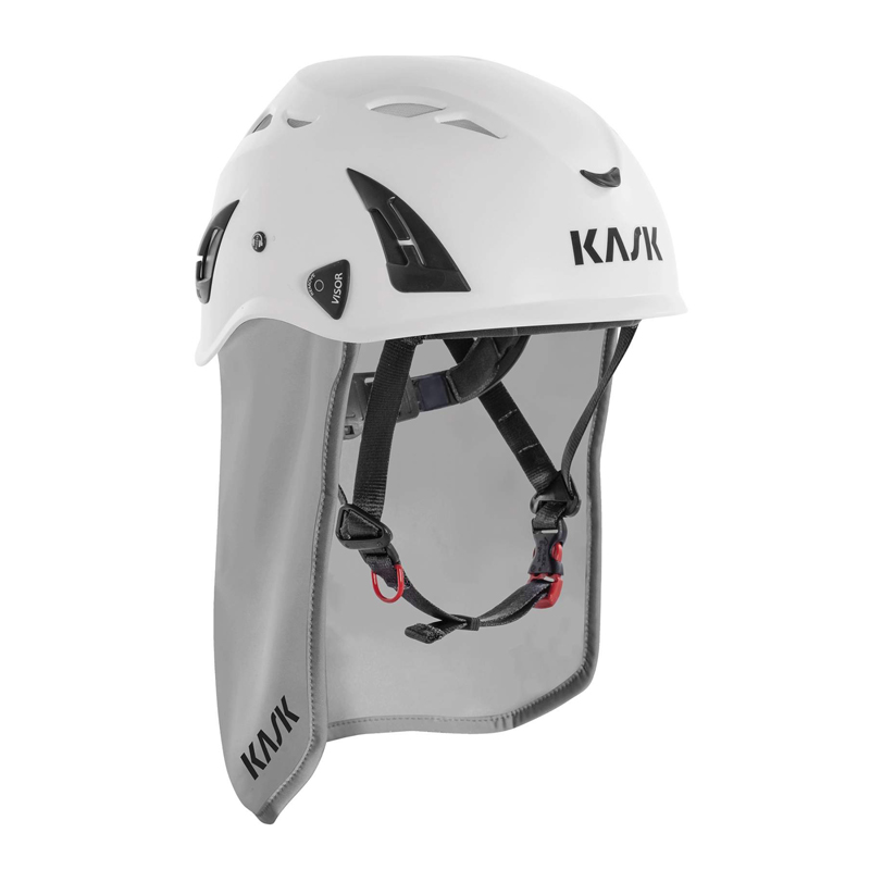 KASK SuperPlasma Neck Shade Nackenschutz mit UV-Schutz an weißem Kask Schutzhelm, seitliche Produktansicht mit grauem Nackentuch