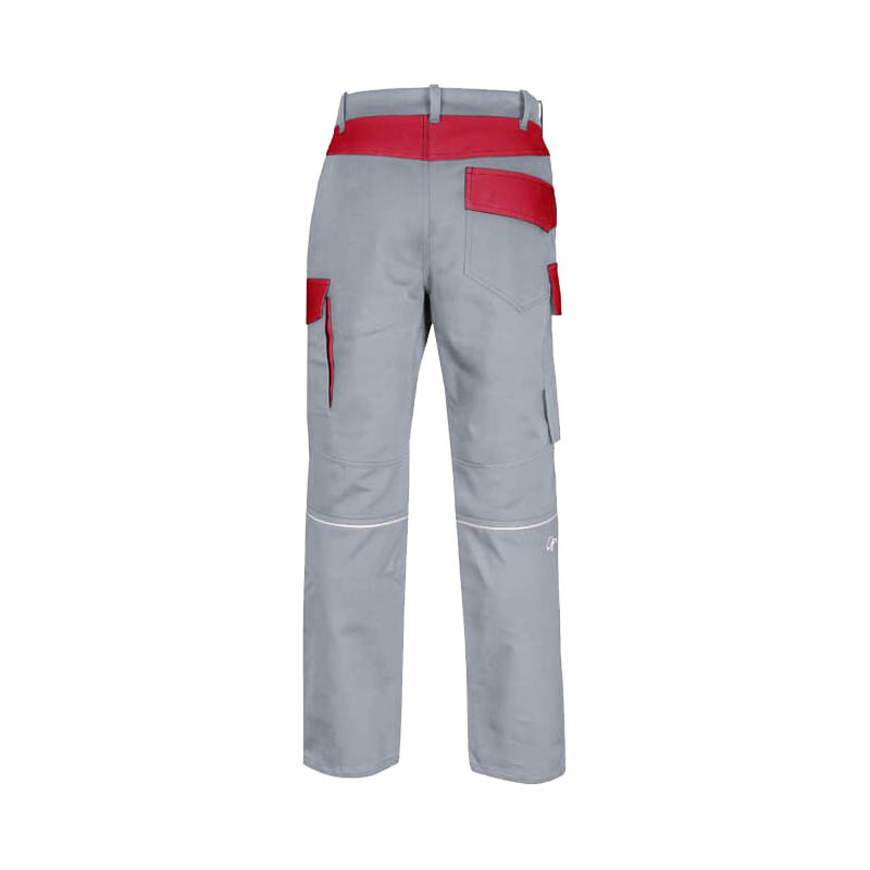 Rückansicht der HB ArcSelect MultiNorm Hose 4 kA | APC1 von HB Protective Wear in Grau mit roten Kontrastdetails und Arbeitstaschen