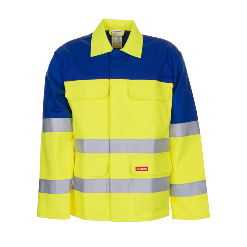 PLANAM Major Protect Warnschutz MultiNorm Jacke 1-lagig APC1, gelb-blaue Arbeitsjacke mit Reflexstreifen und Frontverschluss