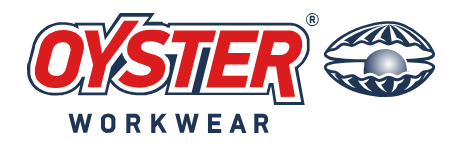 Oyster Workwear Markenlogo mit rotem Schriftzug, blauem Rahmen und Muschel-Emblem