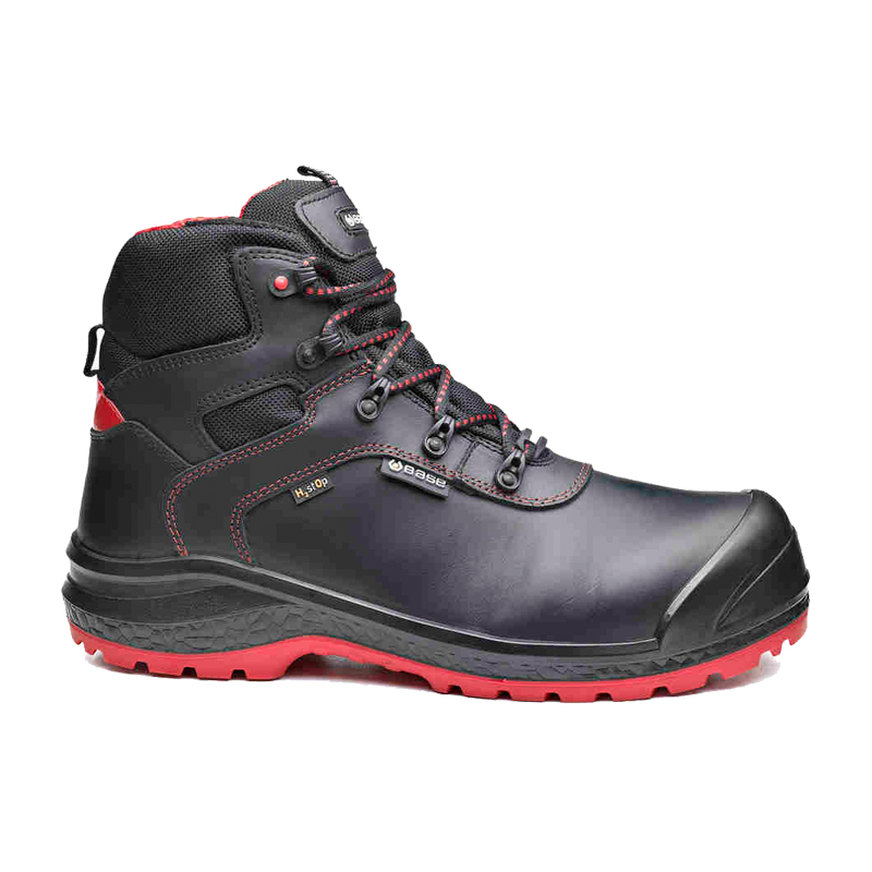 BASE Be-Browny S3 Sicherheitsschuhe B0866 metallfrei als schwarzer, knöchelhoher Arbeitsstiefel mit roter Sohle aus wasserdichtem, gewachstem Leder