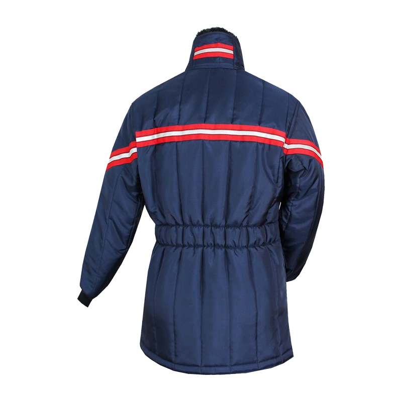 Rückenansicht der TEMPEX CLASSIC Damen Kommissionierer Gefrierhaus Jacke von HB Protective Wear, marineblau mit roten Reflexstreifen, Kälteschutzjacke für Tiefkühlbereiche bis -49 °C.