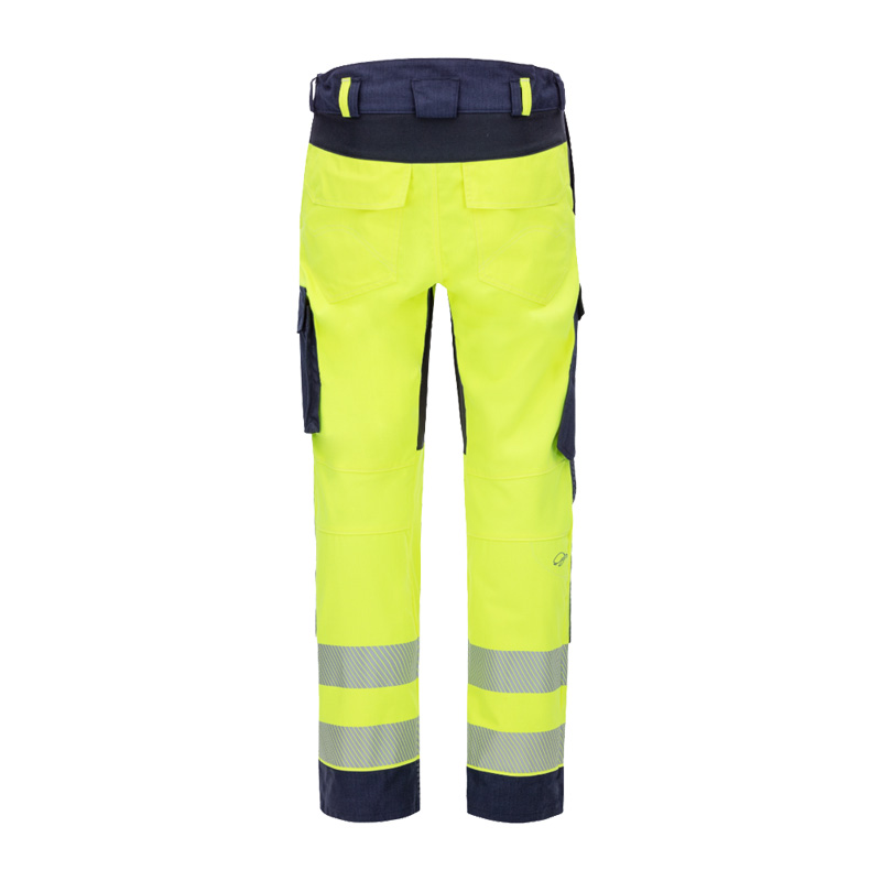 Rückansicht der HB 4Energy MultiNorm Warnschutz Hose 4 kA + 7 kA APC2 von HB Protective Wear in Gelb-Marine mit Reflexstreifen und Seitentaschen