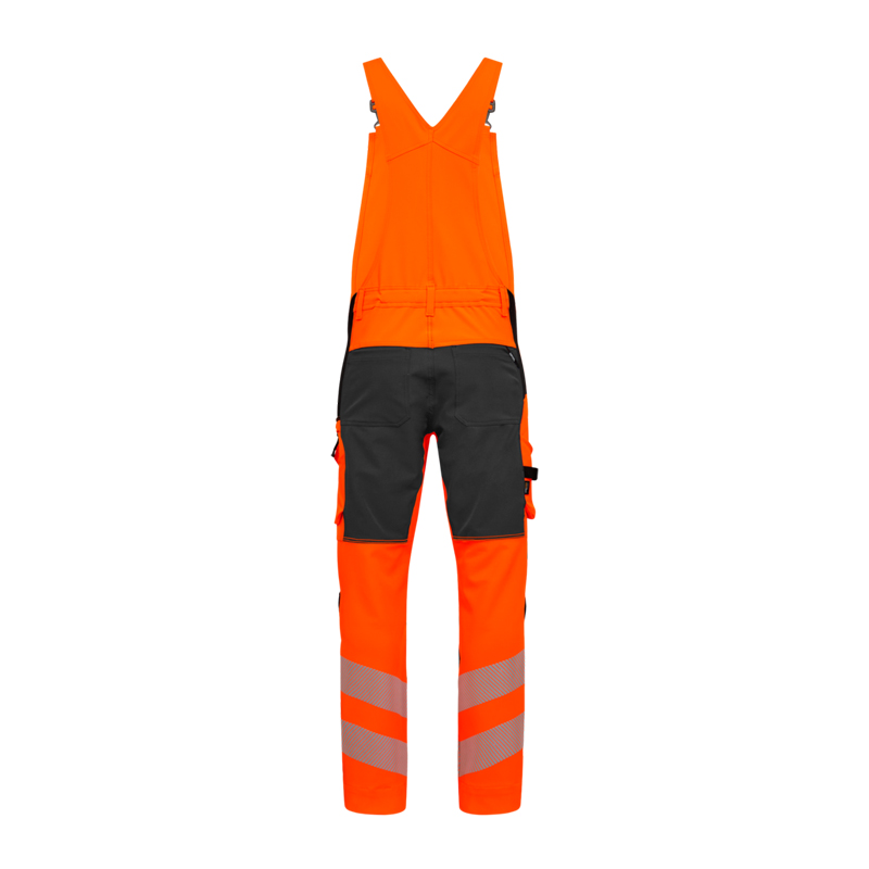 Rückansicht der ENGEL Safety Stretch Warnschutz Latzhose Klasse 2 3345-124 in Orange/Schwarz mit Reflexstreifen
