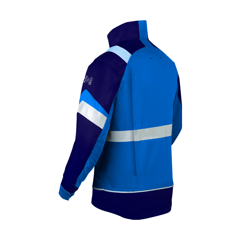 Rückansicht der HaVeP 5Safety Image+ 50292 MultiNorm Jacke | APC2 in Blau mit dunklen Kontrasteinsätzen und umlaufenden Reflexstreifen am Rücken und Ärmel