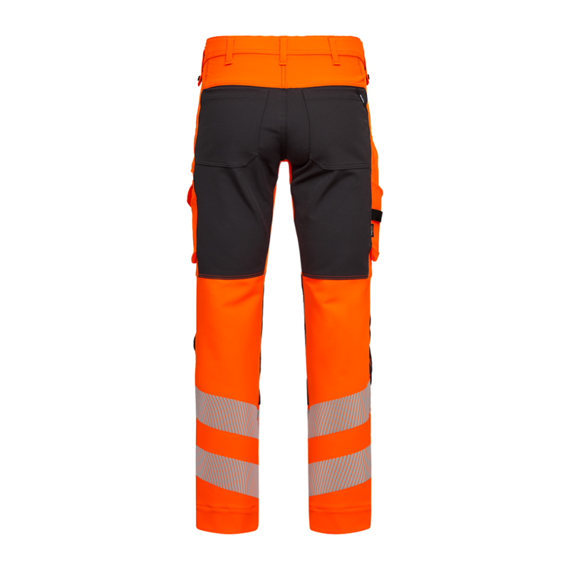 Rückansicht der ENGEL Safety Stretch Warnschutz Hose Klasse 2 | 2345-124 in Orange/Schwarz mit Reflexstreifen an den Beinen