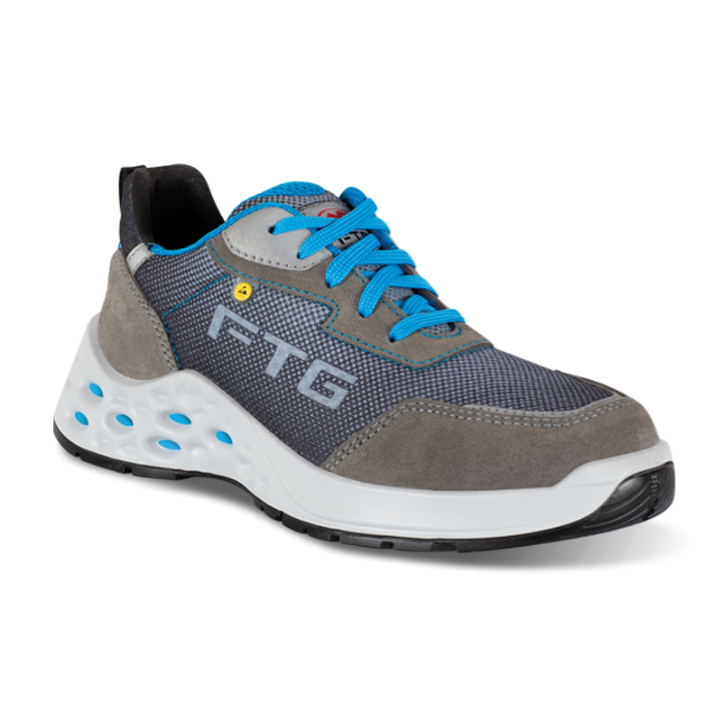 FTG Fresh S1PS ESD Sicherheitsschuh aus grauem Velourleder und atmungsaktiven Einsätzen, niedriger Arbeitsschuh der Dynamic Line mit blauen Schnürsenkeln