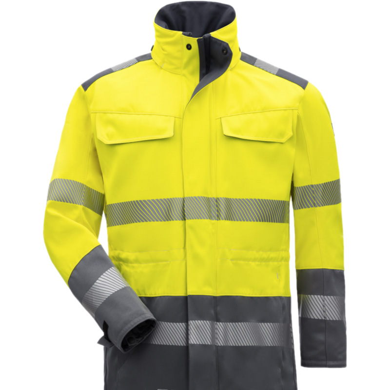 HB MultiPro MultiNorm Warnschutz Parka 4 kA + 7 kA | APC2 von HB Protective Wear, gelb-grauer Warnschutzparka mit Reflexstreifen, hoher Kragen und Frontansicht