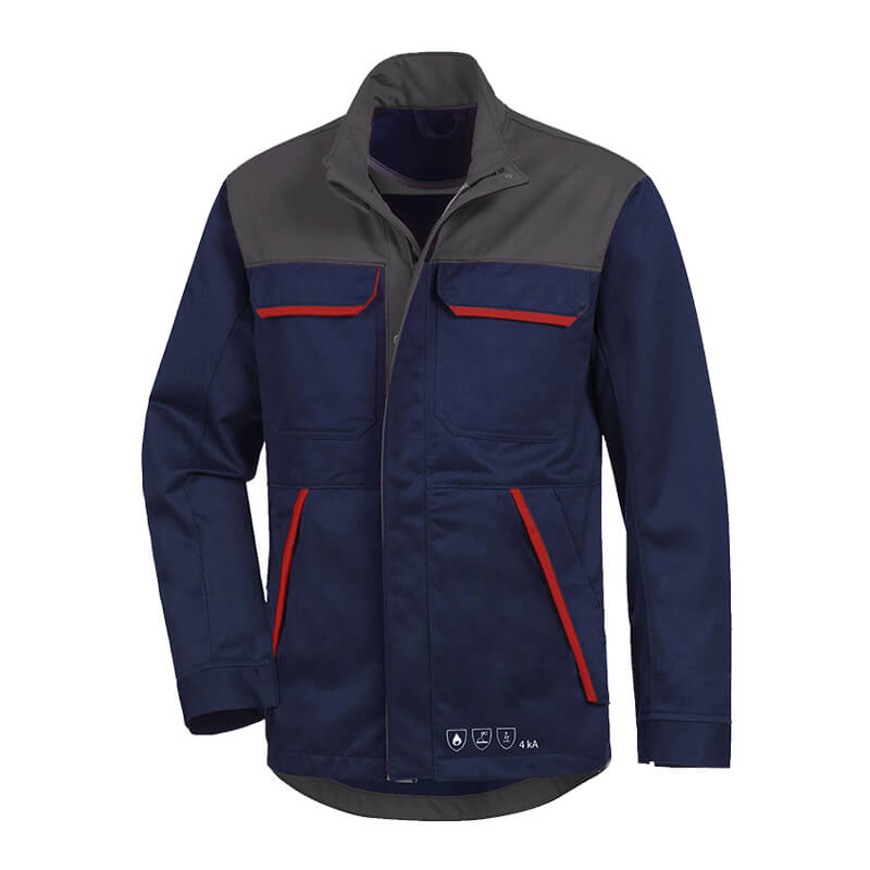HB SecureAllround MultiNorm Jacke 4 kA APC1 von HB Protective Wear, flammhemmende und antistatische Arbeitsjacke aus FR-Baumwolle in Marine/Grau mit roten Details