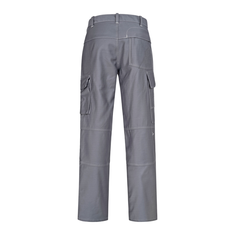 Rückansicht der grauen HB 4arc MultiNorm Hose 4 kA + 7 kA APC2 von HB Protective Wear mit Gesäß- und Seitentaschen