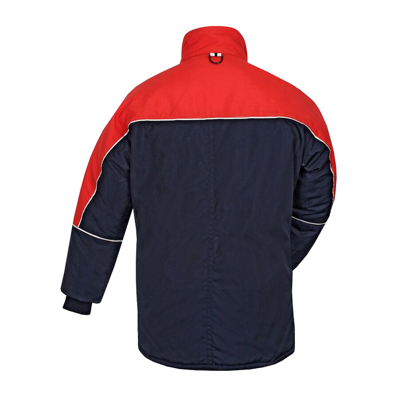 Rückenansicht der TEMPEX COMFORT Staplerfahrer Plus Gefrierhaus Jacke von HB Protective Wear in Rot und Marine, robuste Kälteschutz-Arbeitsjacke nach EN 342 für Einsätze bis -49 °C.