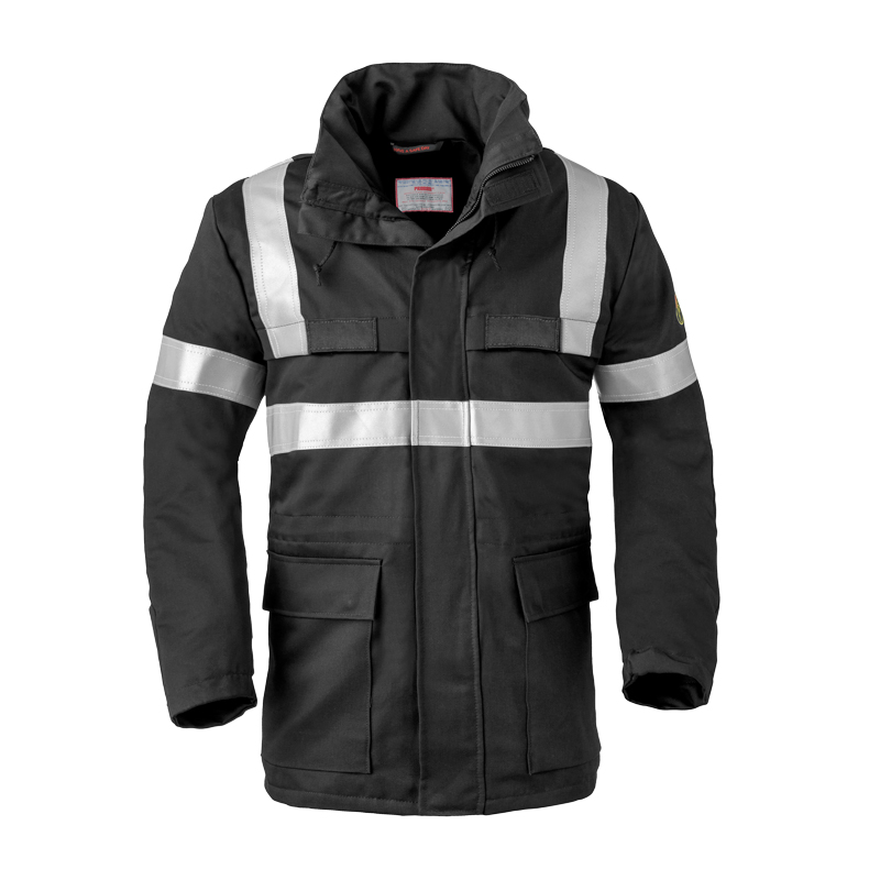 HaVeP 5Safety 40070 MultiNorm Wetterschutz Parka APC2 von HaVeP, schwarzer Schutzparka mit Kapuze, Frontansicht und silbernen Reflexstreifen