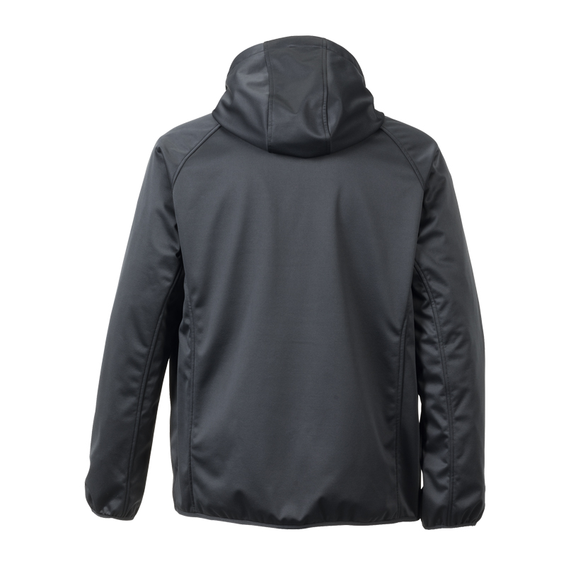 Rückansicht der schwarzen Planam Fog Softshelljacke mit Stretch und Kapuze von Planam