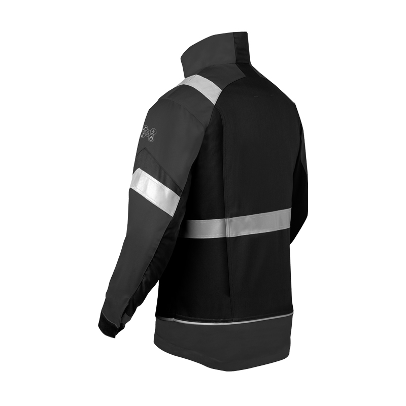 Rückansicht der HaVeP 5Safety Image+ 50292 MultiNorm Jacke APC2 in Schwarz mit grauen Partien und umlaufenden Reflexstreifen