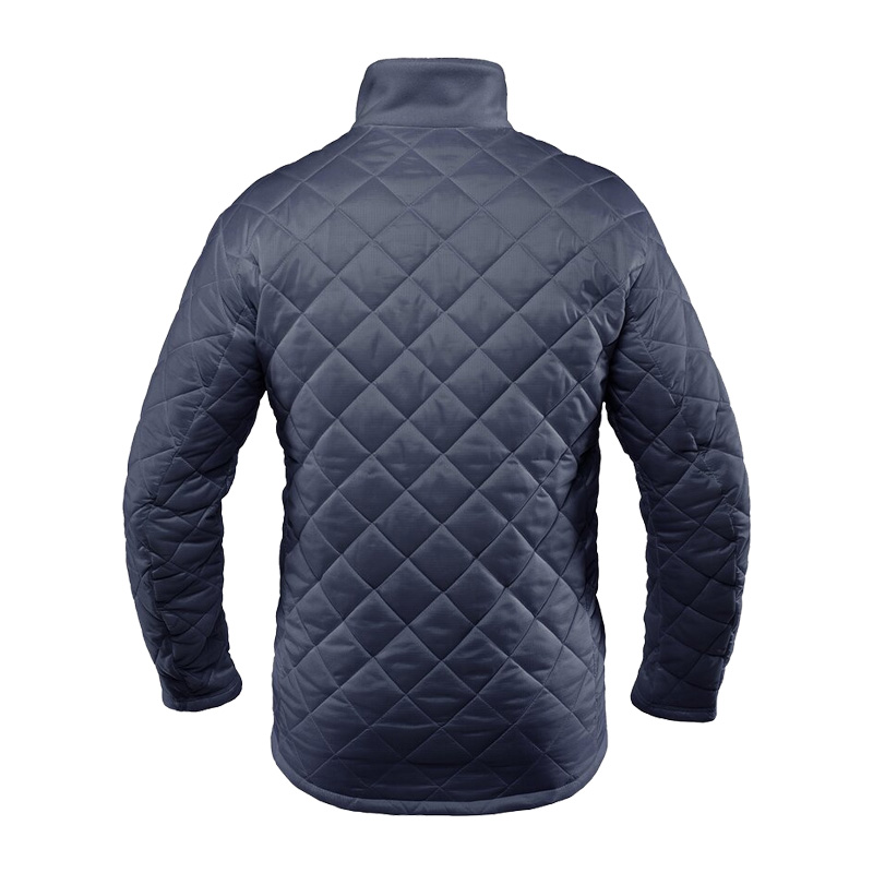 Rückenansicht der TEMPEX THERMO ErgoPlus Jacke von HB Protective Wear, dunkelblaue gesteppte Thermojacke mit hohem Kragen für komfortablen Kälteschutz in kühlen Arbeitsumgebungen