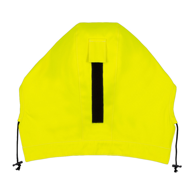 Leuchtgelbe HB MultiPro MultiNorm Warnschutz Kapuze 4 kA + 7 kA | APC2 von HB Protective Wear, Rückansicht mit Klettverschluss und Kordelzug