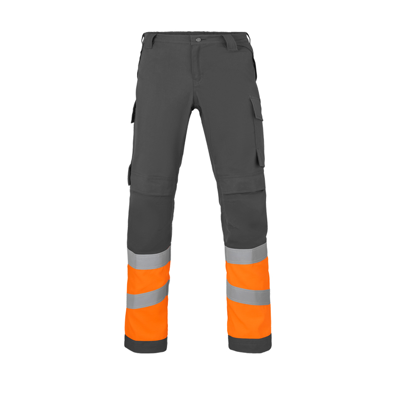 HaVeP Multi Protector+ MultiNorm Warnschutz Hose Klasse 1 APC1, graue Arbeitshose mit orangefarbenen Beinabschlüssen und Reflexstreifen