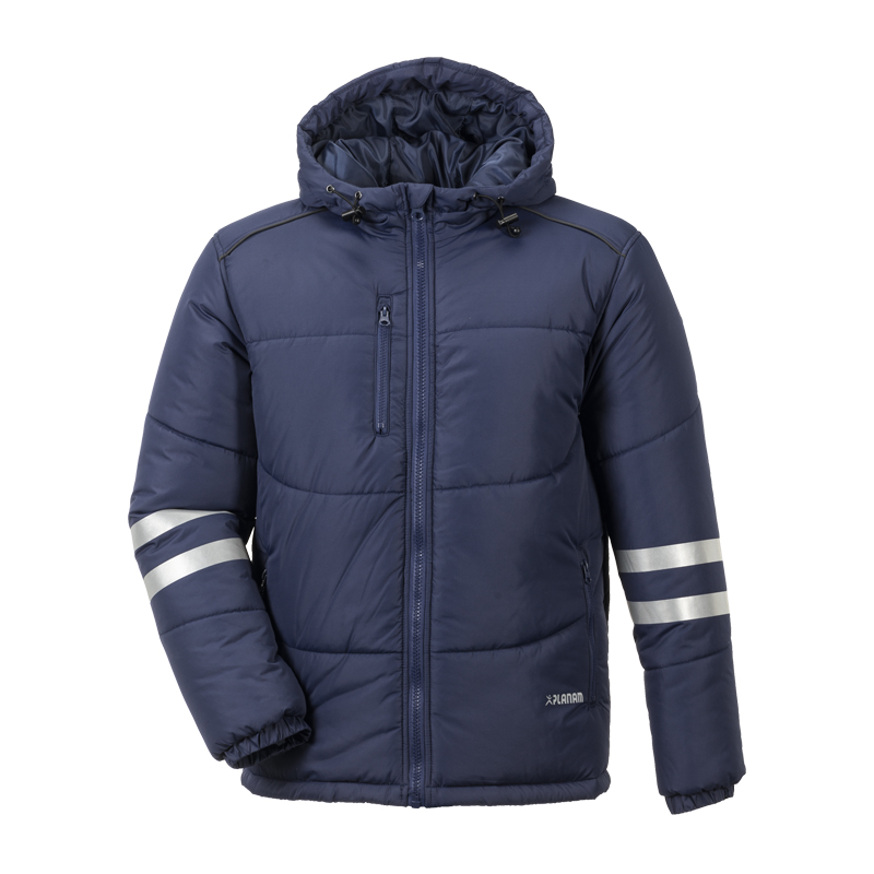 Planam Craft Jacke gefüttert mit Reflexstreifen in Navy, warme Arbeitsjacke mit Kapuze und silbernen Reflexstreifen an den Ärmeln, Frontansicht