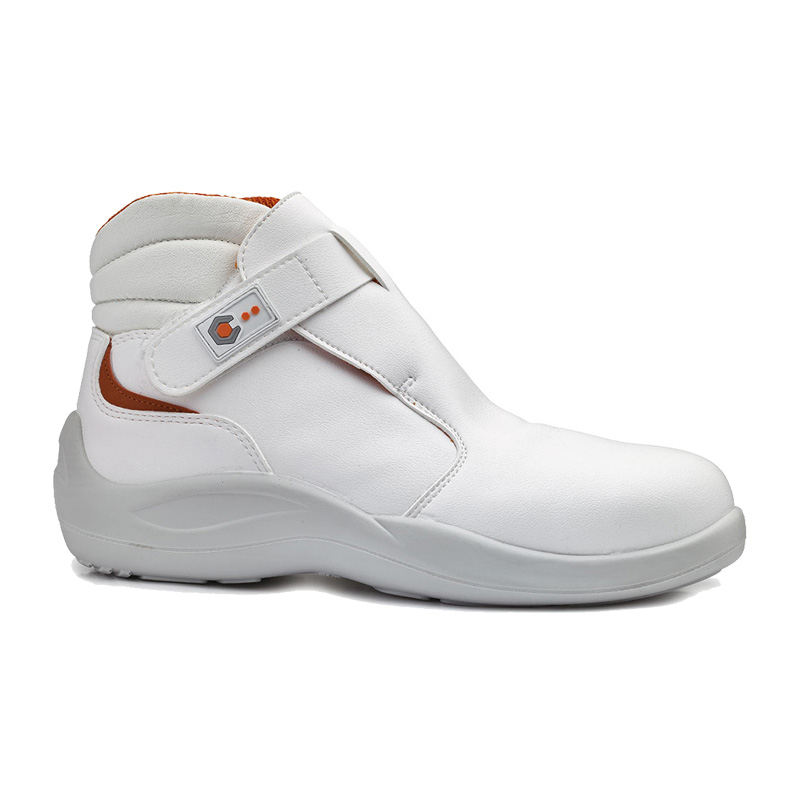 BASE Cromo Hygiene S2 Sicherheitsstiefel B0508 von BASE, weißer Hygiene-Sicherheitsstiefel mit Klettverschluss und hohem Schaft, Seitenansicht