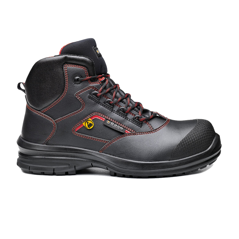 BASE Matar Top S3 ESD Sicherheitsstiefel B0958 von BASE, schwarzer Arbeitsstiefel mit roter Naht, wasserdichter Mikrofaser und verstärkter Schutzkappe in Seitenansicht