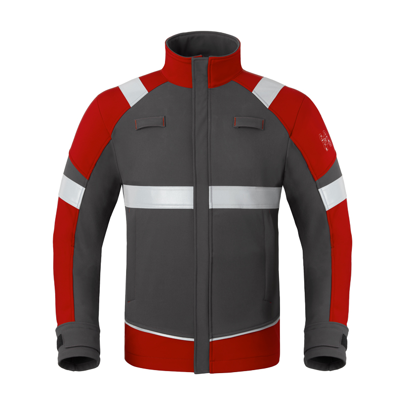 HaVeP 5Safety Image+ 50384 MultiNorm SoftShell Jacke | APC1, Vorderansicht in Grau-Rot mit Reflexstreifen und Stehkragen