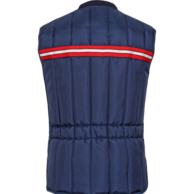 Rückenansicht der TEMPEX CLASSIC Kühlhaus Weste von HB Protective Wear in Dunkelblau mit rotem Reflexband, Kälteschutz-Arbeitsweste für Kühlhaus und Logistik bei 0–10 °C