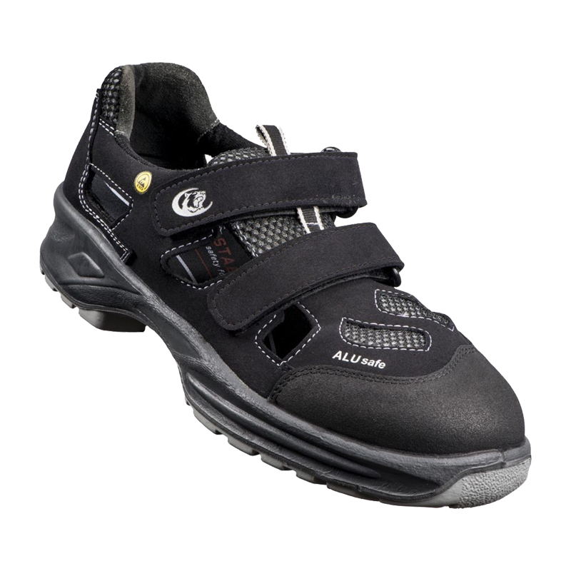 Schwarze Stabilus Max ESD S1 Sicherheitssandalen 2124A mit Klettverschluss, sportliche leichte Arbeitssandale mit ALUsafe-Zehenschutz