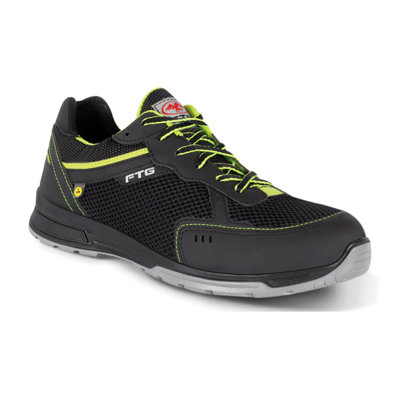 FTG Relay S1PS ESD Sicherheitsschuh Sport Line, flacher metallfreier Arbeitsschuh aus schwarzem Mesh mit neongrünen Details und grauer Sohle