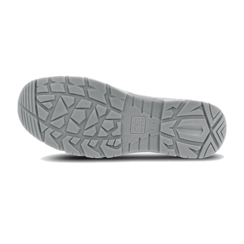 Unteransicht der grauen Profilsohle des FTG Earth S3S ESD Sicherheitsschuhs metallfrei aus der Gemini Line mit rutschhemmendem Sohlenprofil