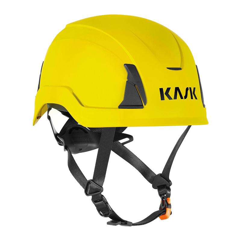 Gelber KASK PRIMERO Industriehelm von Kask mit Kinnriemen, Seitenansicht, zertifiziert nach EN 397 und EN 50365