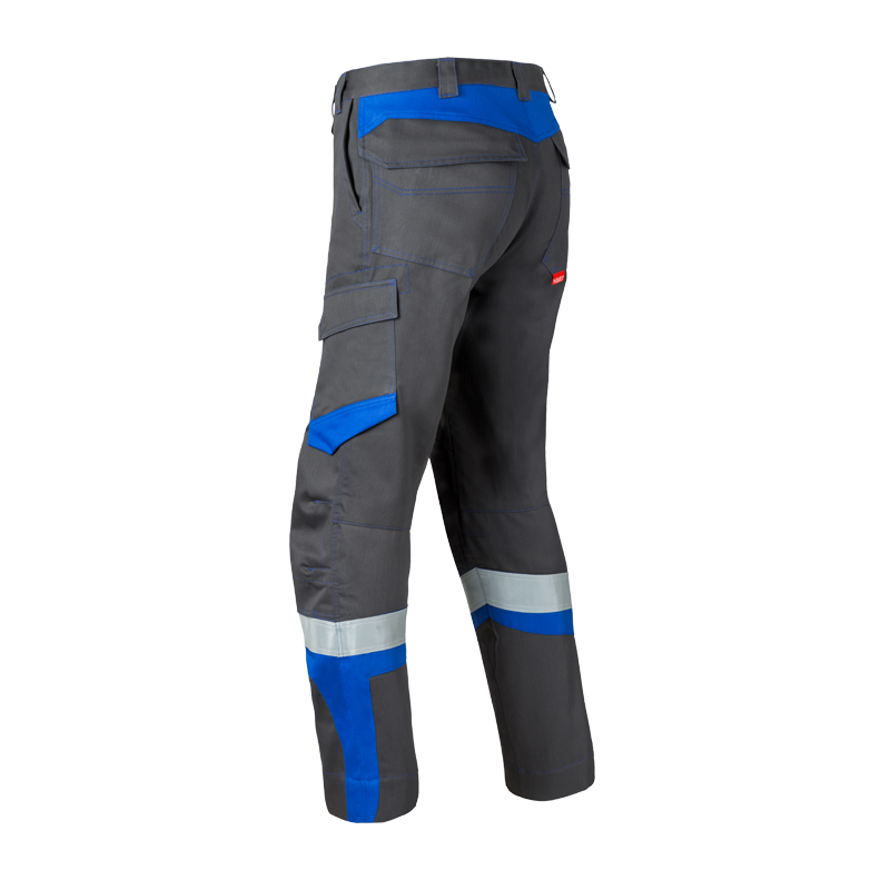 Rückansicht der HaVeP 5Safety Image+ 80517 MultiNorm Damen Hose APC1 in Anthrazit mit blauen Einsätzen, Seitentasche und Reflexstreifen