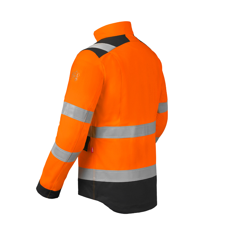 Rückansicht der HaVeP Multi Protector+ MultiNorm Warnschutz Jacke Klasse 2 | APC1 in Orange mit Reflexstreifen und dunklem Saum