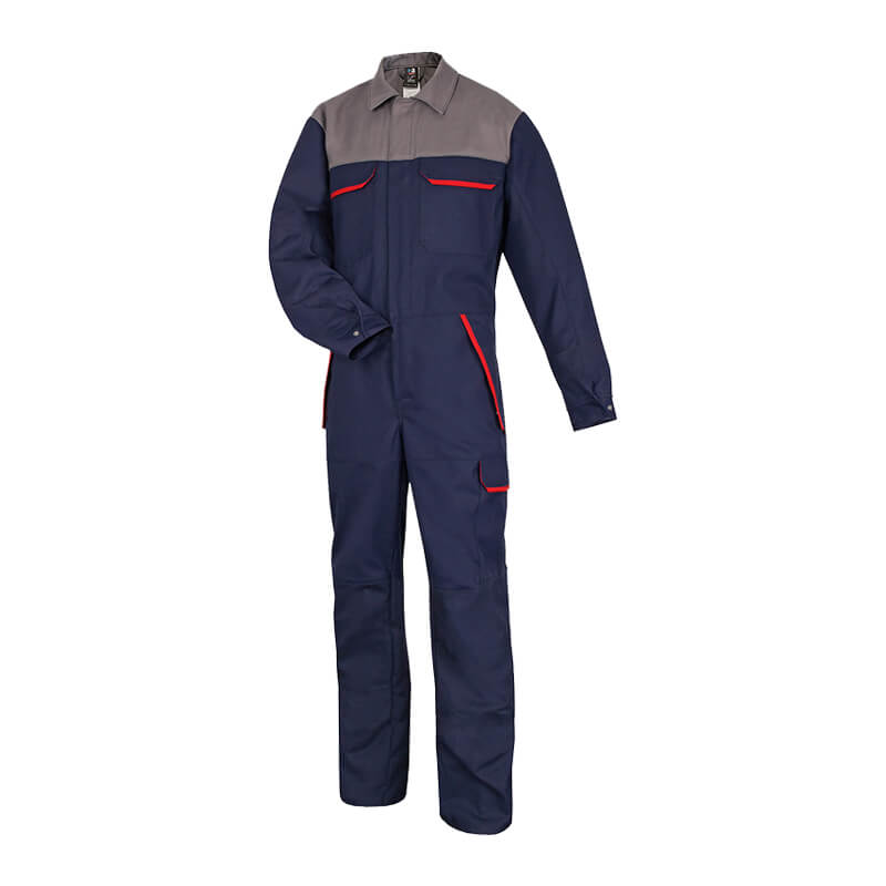 HB SecureAllround MultiNorm Overall 4 kA APC1 von HB Protective Wear, flammhemmender antistatischer Schutzoverall aus FR-Baumwolle in Marine-Grau mit roten Details