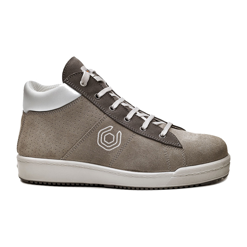 BASE Pixel Top S1P Sicherheitsstiefel B0252 von BASE in grauer Sneaker-Optik, seitliche Ansicht, hoher Arbeitsschuh mit Schnürung und weißer Sohle