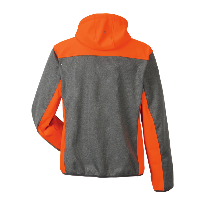 Rückansicht der Planam Kontrast Softshelljacke mit Kapuze in Grau und Orange, wind- und wasserabweisende Arbeitsjacke aus elastischem Softshellmaterial