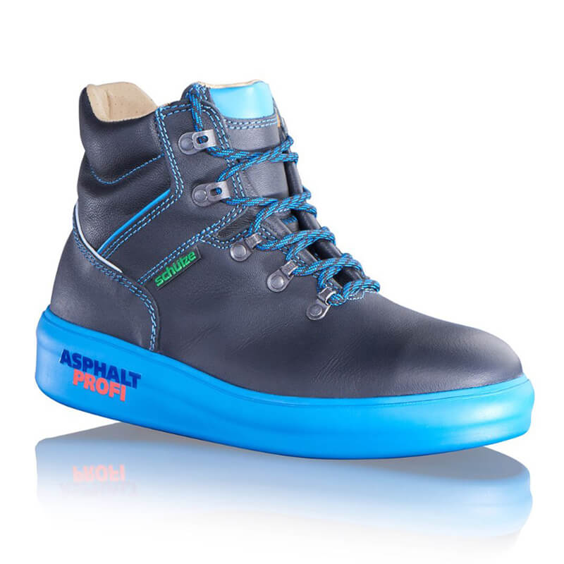 SCHÜTZE 6432 Asphalt PRO S2 Teerbaustiefel Sicherheitsstiefel, schwarzer Hitzeschutzstiefel mit blauer Sohle für heiße Asphaltarbeiten bis 150 °C